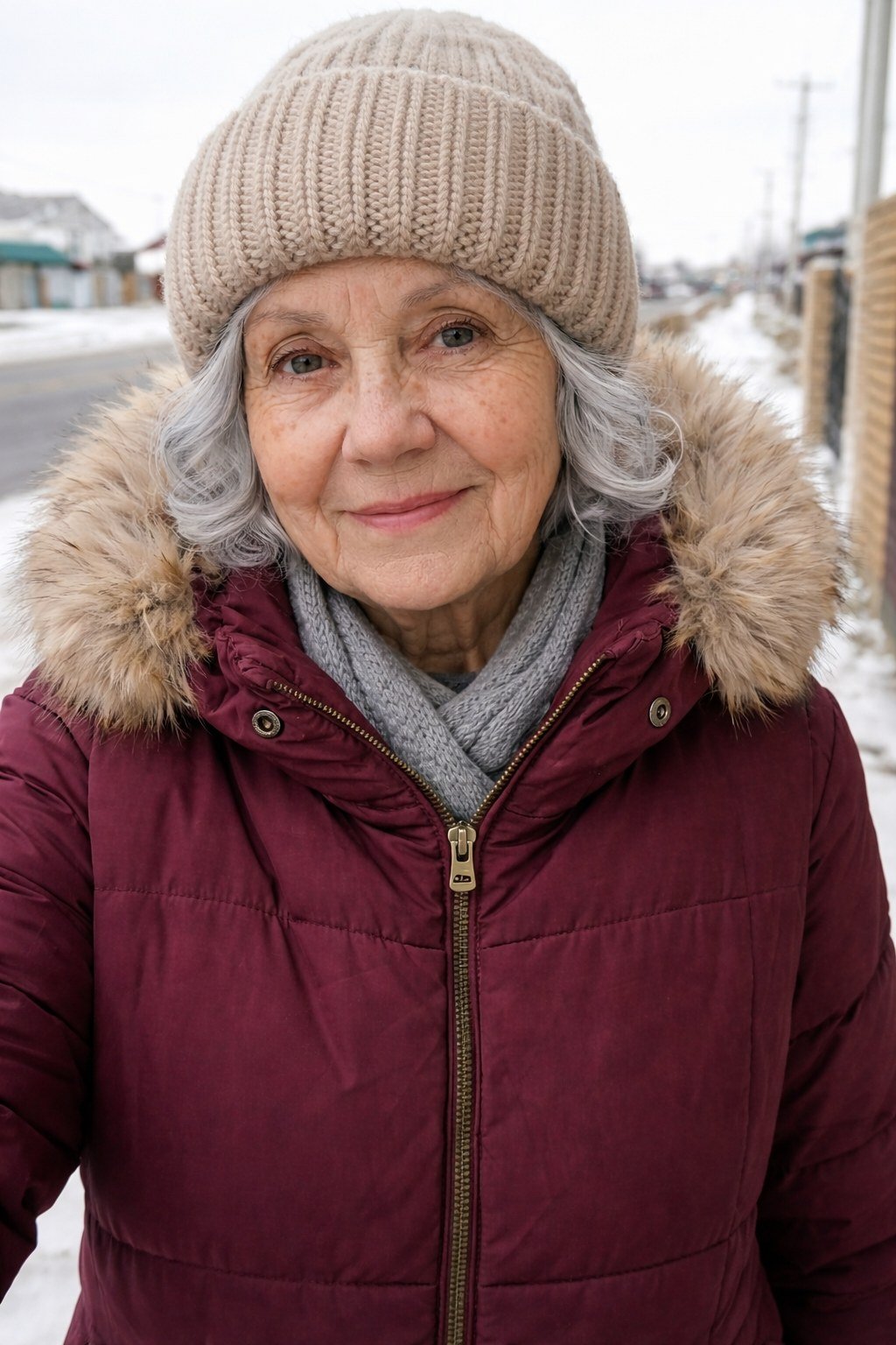 Burgundy Puffer with Gray Beanie on a woman over 60, cozy winter casual outfit idea 28