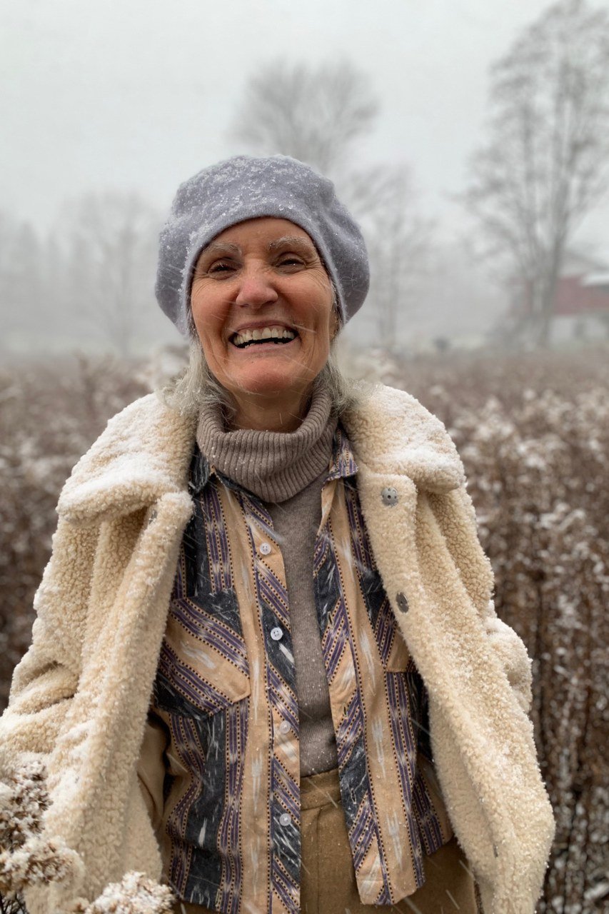 Cream Sherpa Jacket with Gray Beanie on a woman over 60, cozy winter casual outfit idea 32