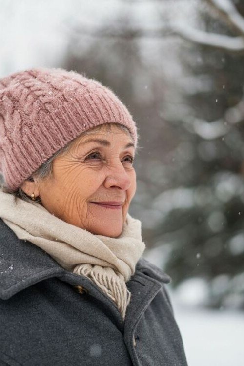 Gray Coat with Pink Beanie on a woman over 60, cozy winter casual outfit idea 33