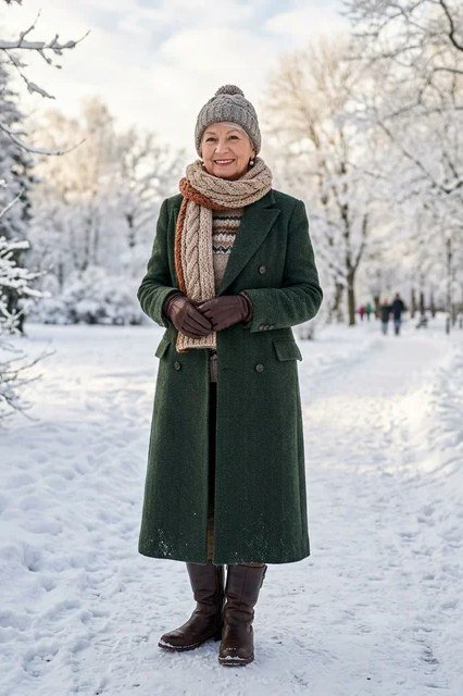 Dark Green Long Coat with Knit Scarf on a woman over 60, cozy winter casual outfit idea 34