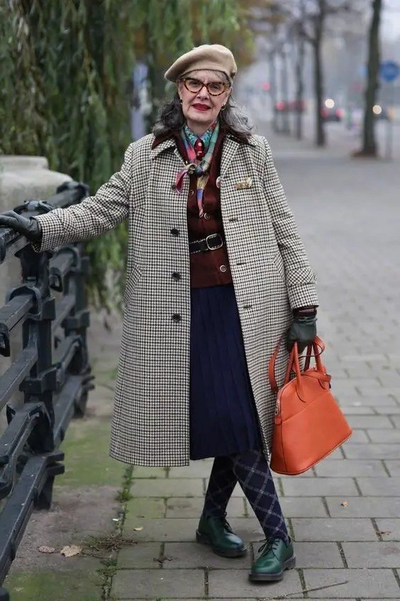 Gray Coat with Beret and Navy Skirt on a woman over 60, cozy winter casual outfit idea 37