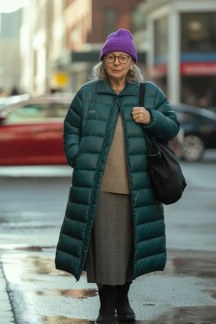 Teal Long Puffer with Purple Beanie on a woman over 60, cozy winter casual outfit idea 39