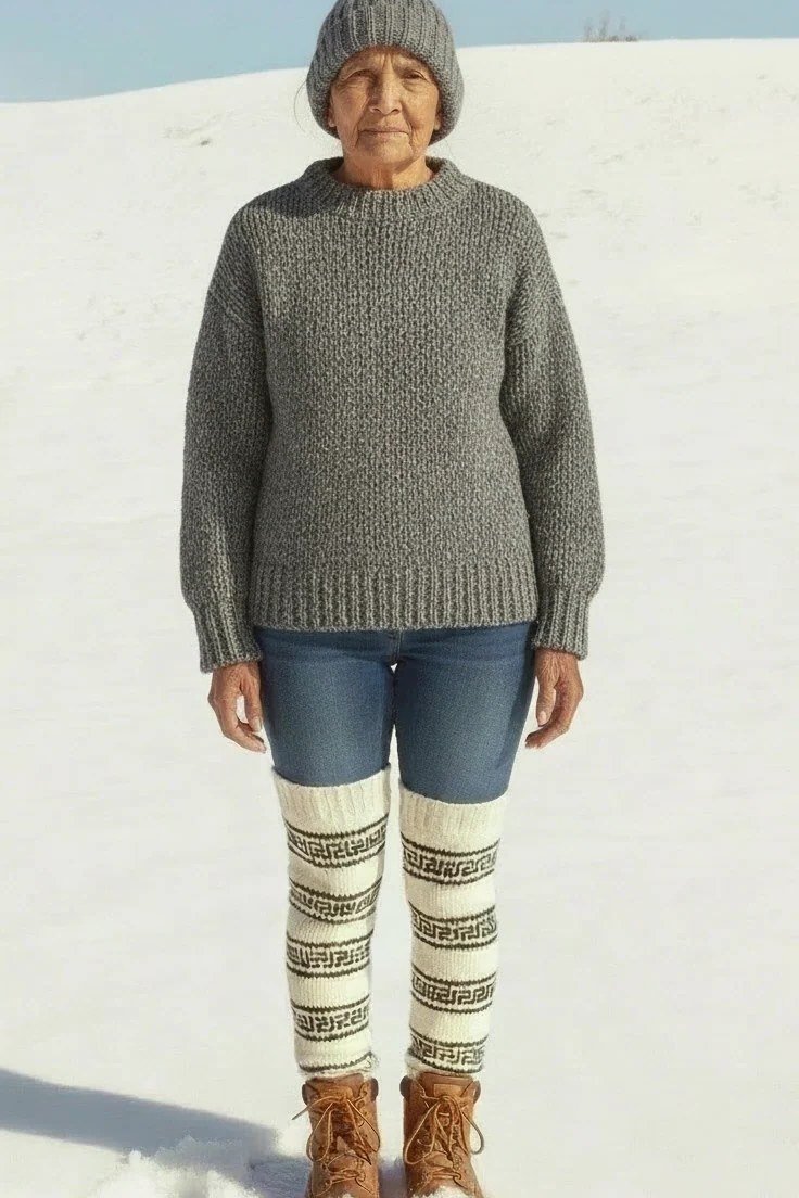 Gray Sweater with Leg Warmers and Boots on a woman over 60, cozy winter casual outfit idea 40