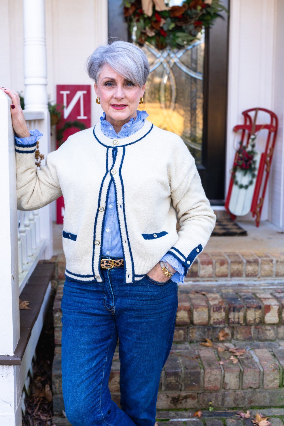 Cream Varsity Jacket with Jeans on a woman over 60, cozy winter casual outfit idea 42