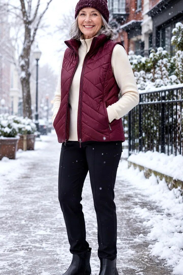 Burgundy Puffer Vest with Cream Sweater and Black Pants on a woman over 60, cozy winter casual outfit idea 49