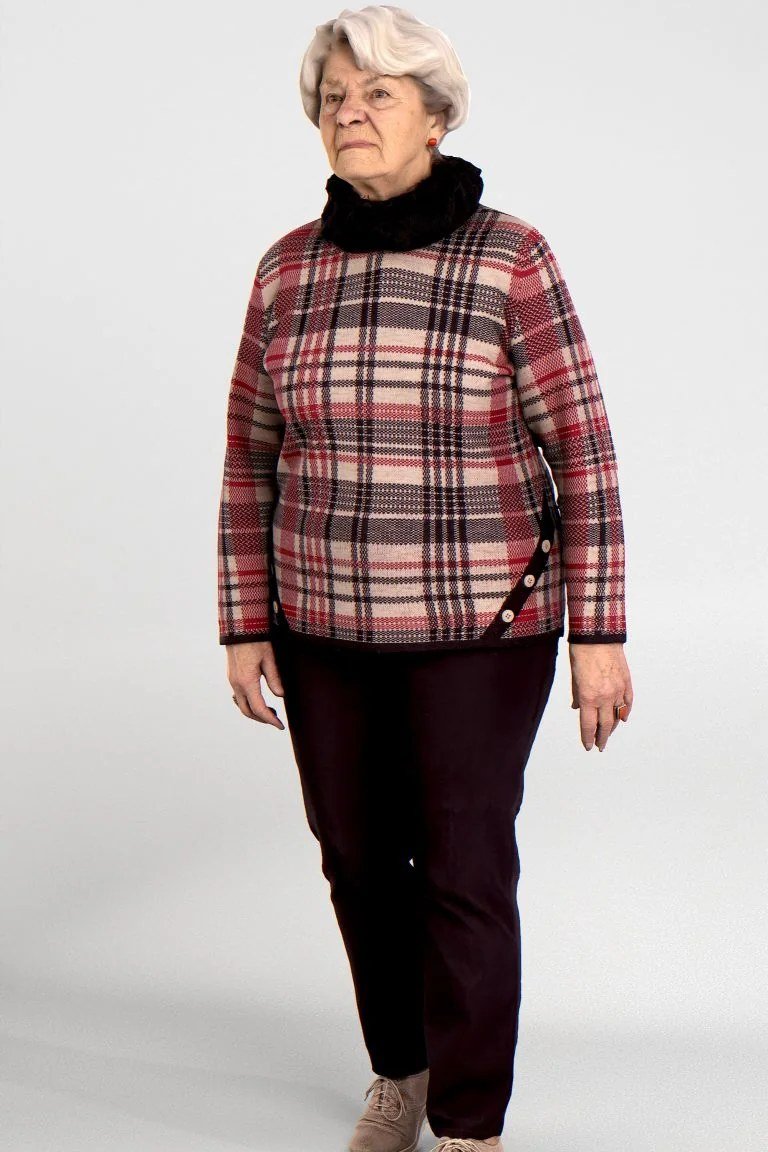 Red Plaid Top with Black Pants on a woman over 60, cozy winter casual outfit idea 51