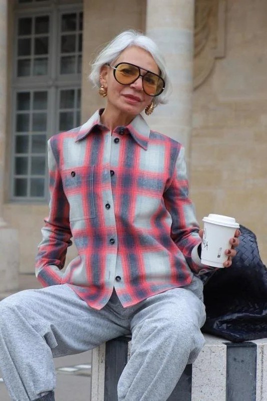Pink Plaid Shirt with Gray Sweatpants on a woman over 60, cozy winter casual outfit idea 52