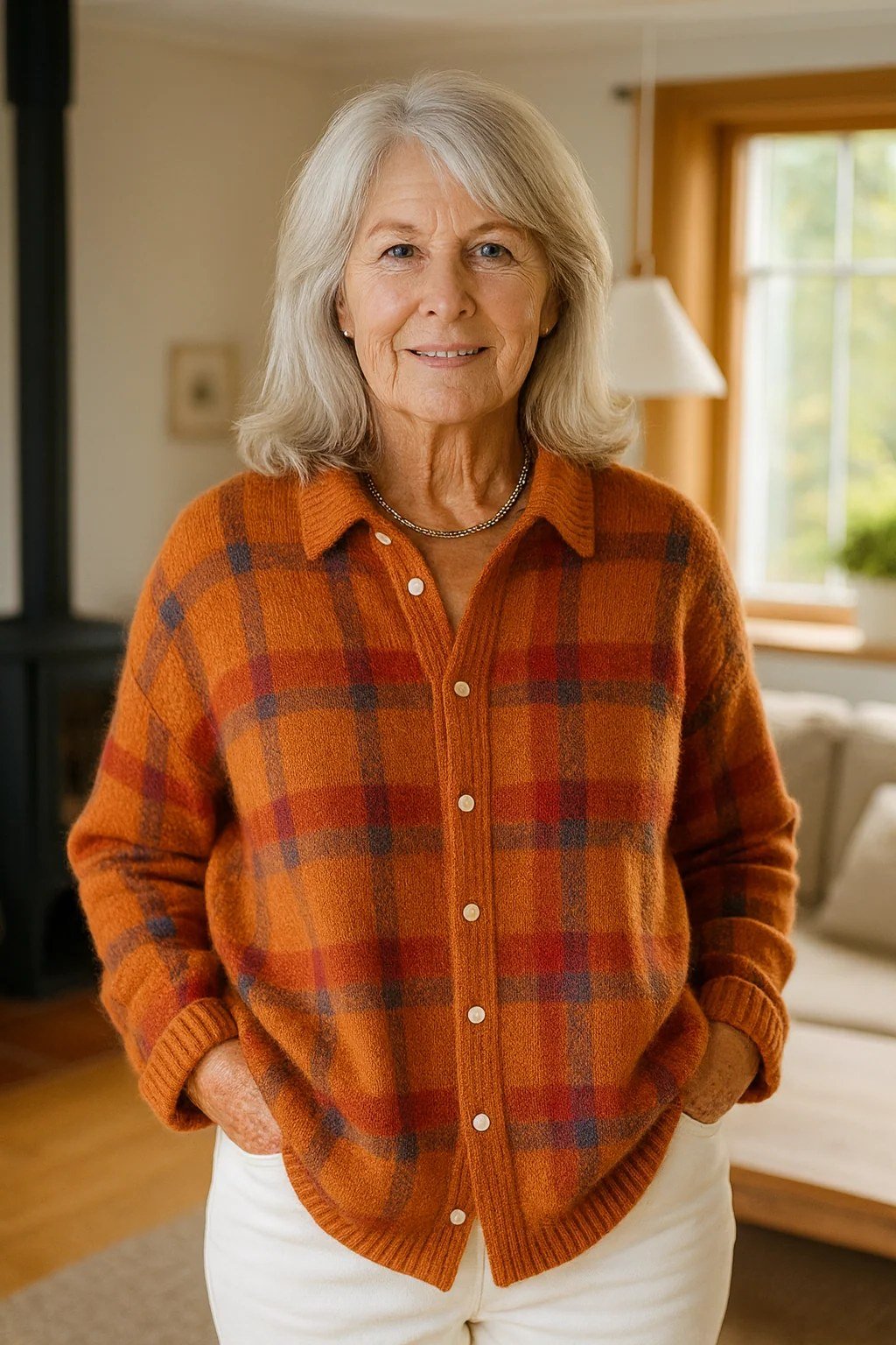 Orange Plaid Flannel with White Pants on a woman over 60, cozy winter casual outfit idea 53
