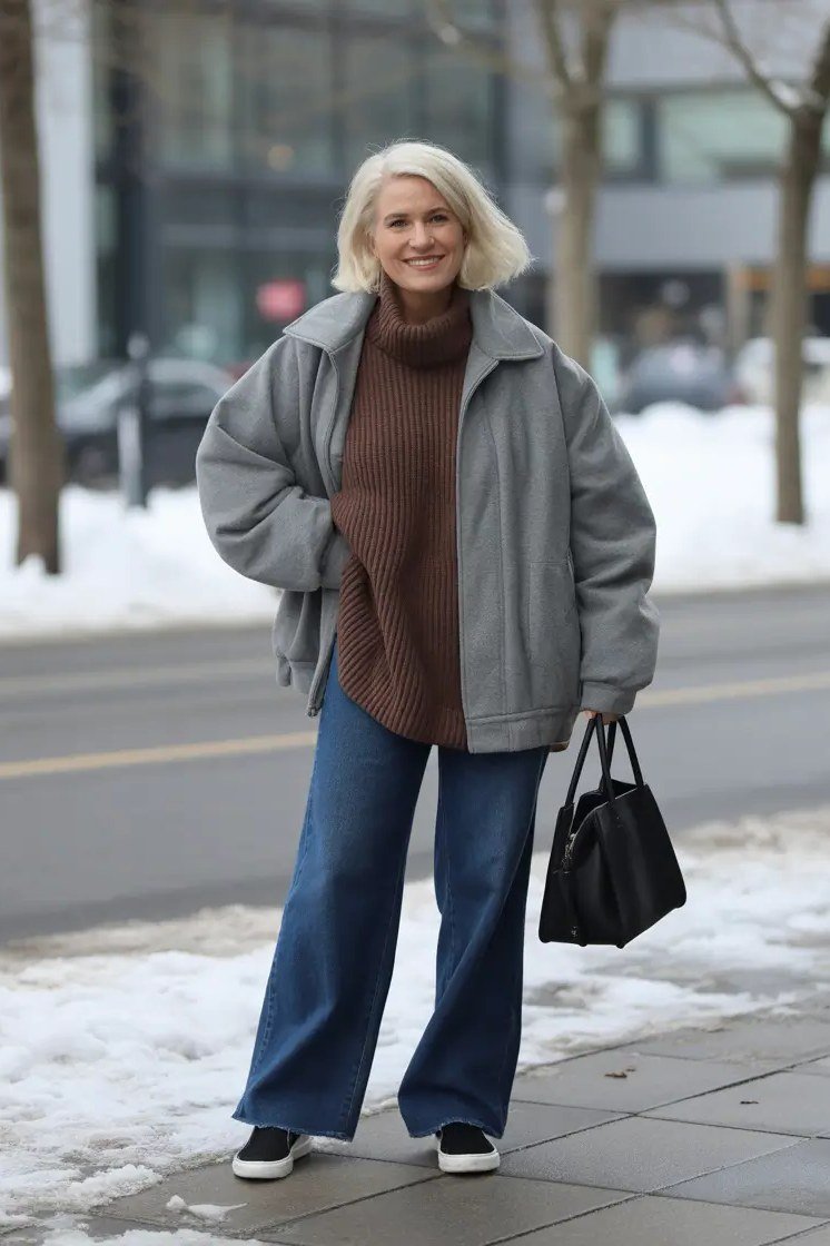 Gray Coat with Brown Sweater and Wide Jeans on a woman over 60, cozy winter casual outfit idea 56