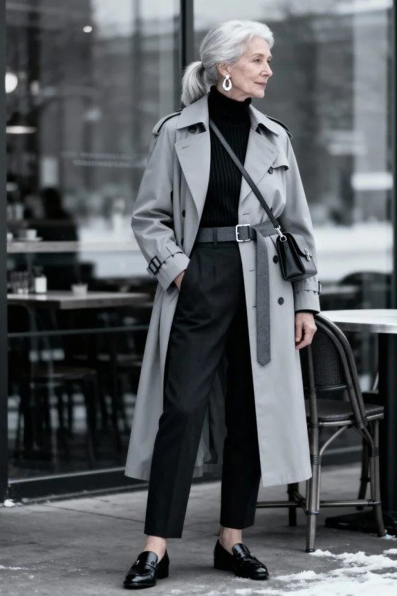 Light Gray Coat with Black Outfit on a woman over 60, cozy winter casual outfit idea 59