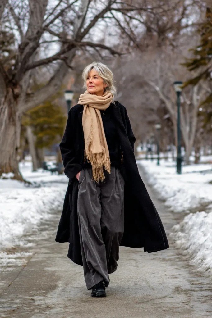 Black Coat with Tan Scarf and Gray Pants on a woman over 60, cozy winter casual outfit idea 63