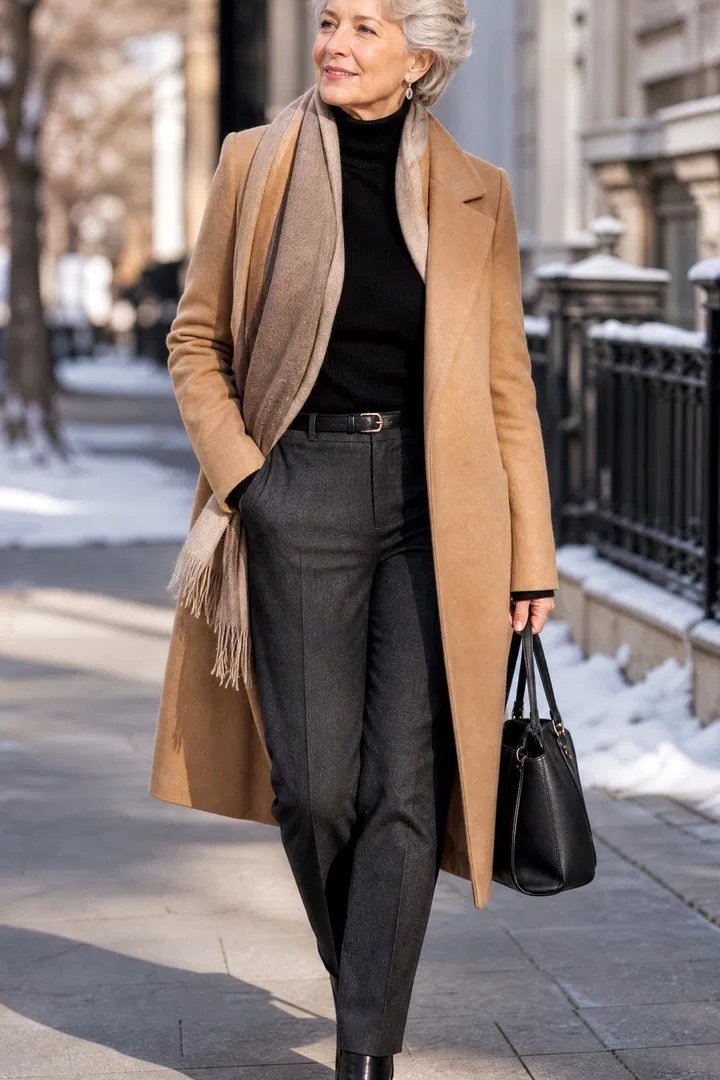 Camel Coat with Black Top and Gray Pants on a woman over 60, cozy winter casual outfit idea 64