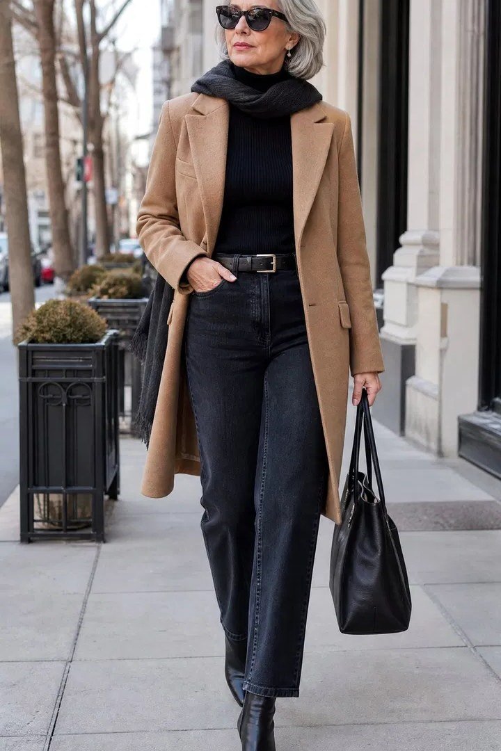 Camel Coat with Black Turtleneck and Black Jeans on a woman over 60, cozy winter casual outfit idea 65
