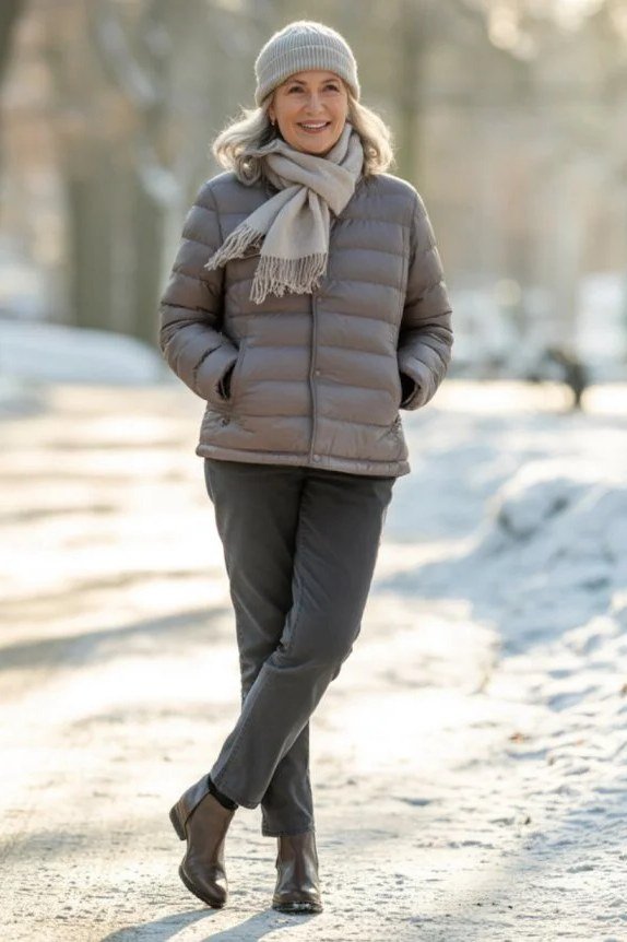 Taupe Puffer with Gray Pants on a woman over 60, cozy winter casual outfit idea 68