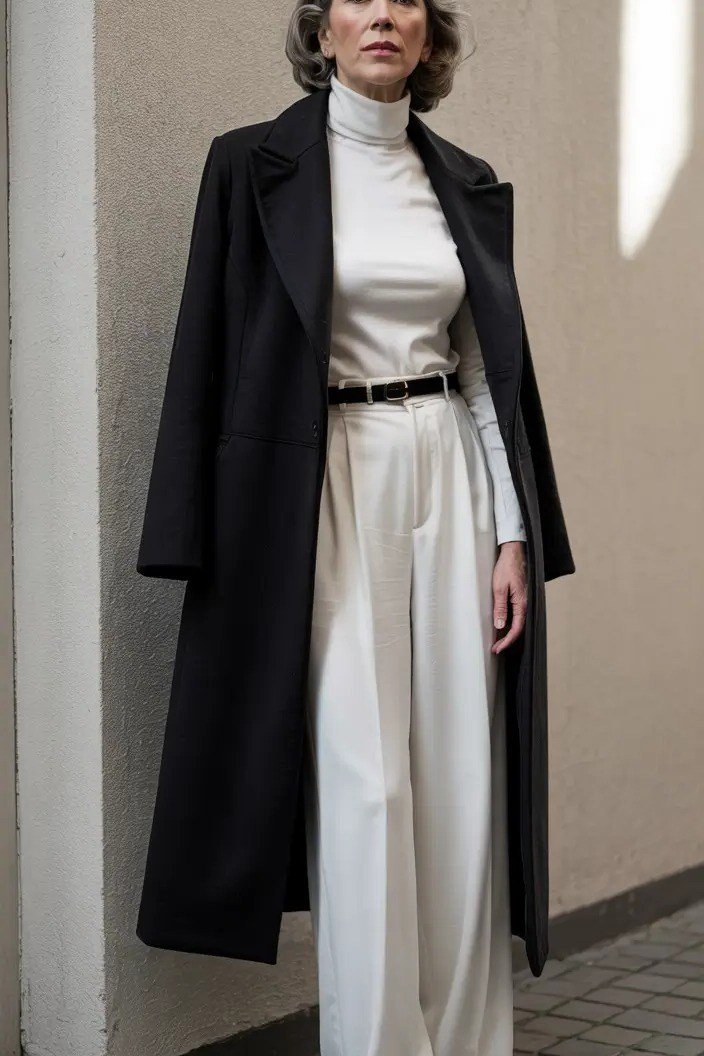winter date night outfit for women over 60: black long coat over white wide-leg trousers with thin belt