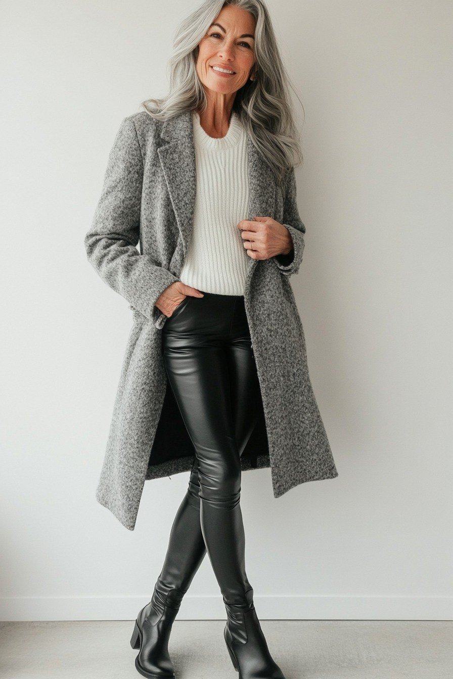 winter date night outfit for women over 60: grey long coat with white knit sweater, black leather pants and boots