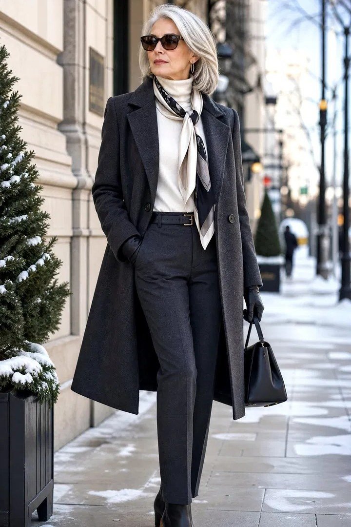 winter date night outfit for women over 60: navy long coat with printed scarf on a snowy street
