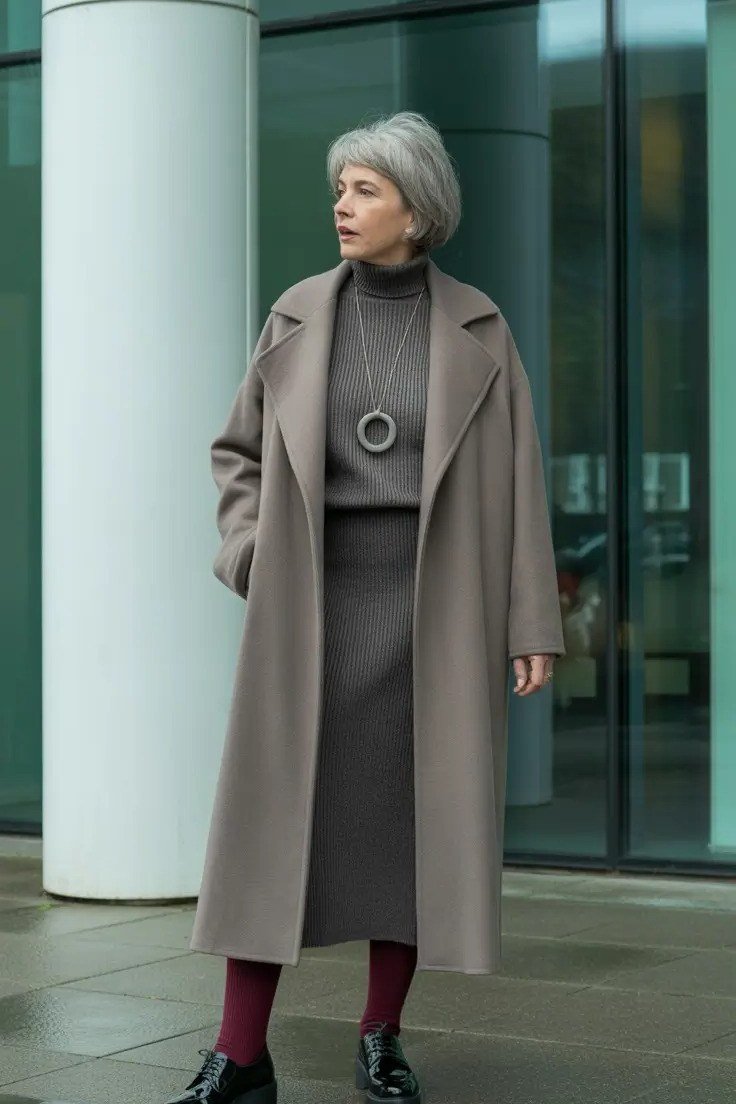 winter date night outfit for women over 60: taupe long coat with brown skirt and red tights