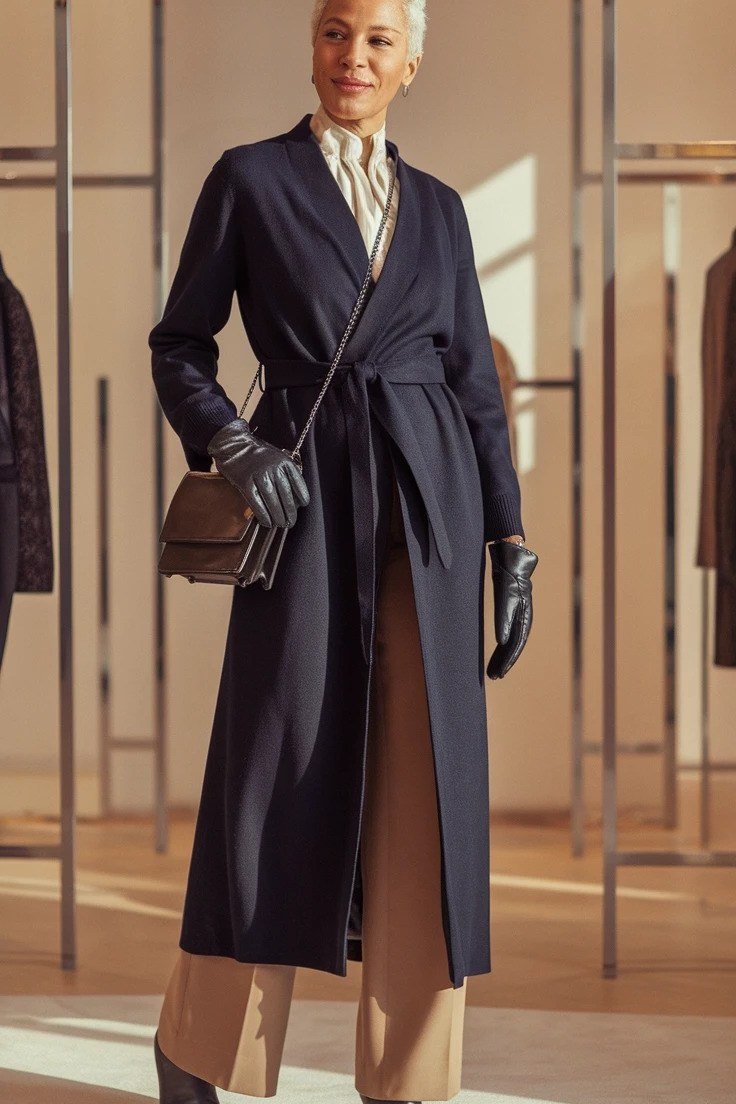 winter date night outfit for women over 60: navy long belted coat with camel wide-leg trousers and gloves