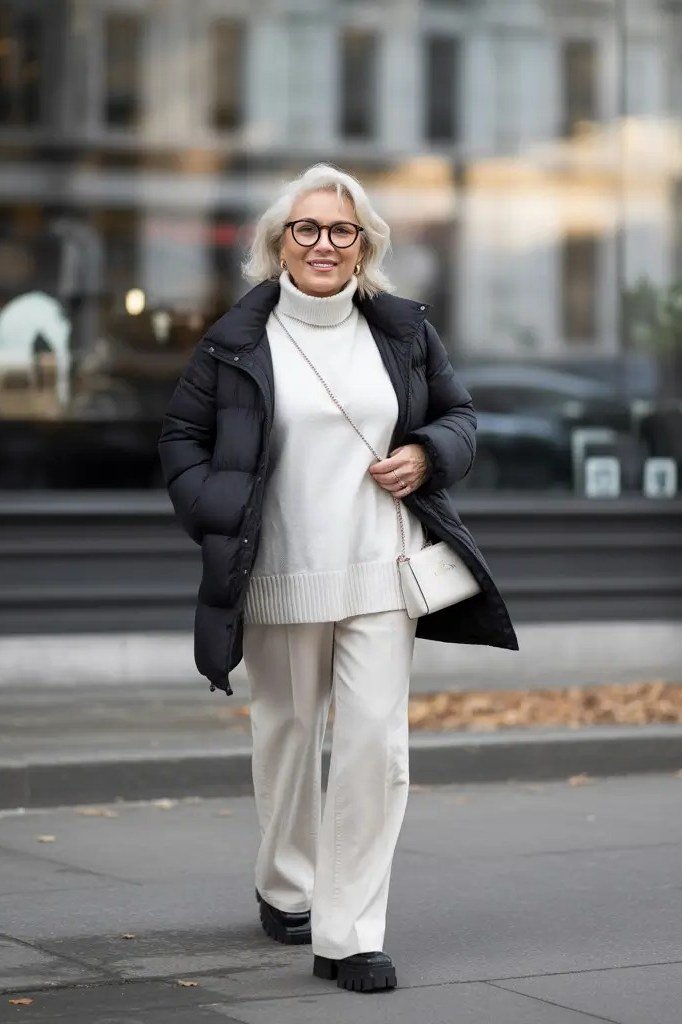 winter date night outfit for women over 60: black puffer coat with white knit sweater and white wide-leg pants