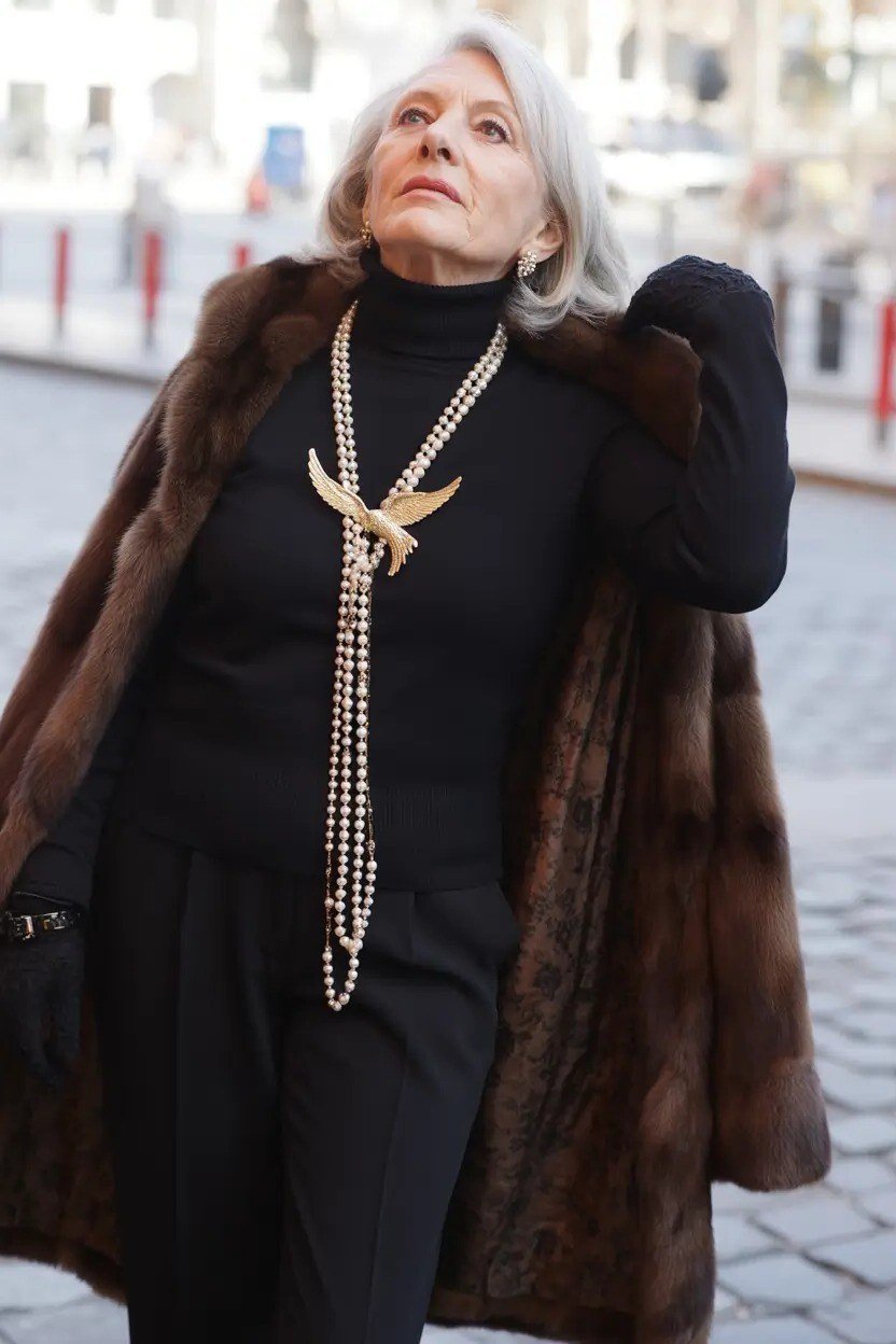 winter date night outfit for women over 60: black dress with brown fur coat and long pearl necklaces, evening glam