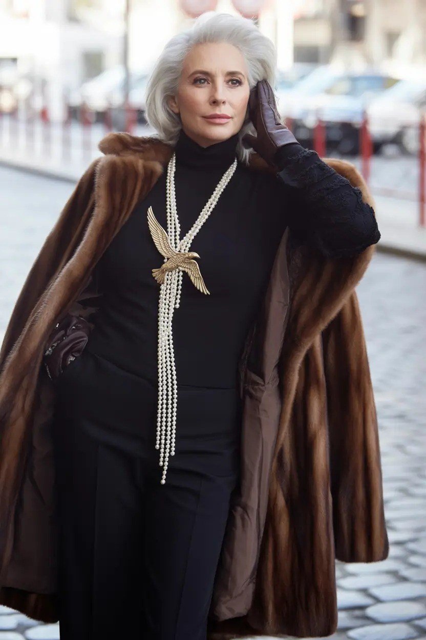 winter date night outfit for women over 60: black dress with brown fur coat and classic pearl necklace