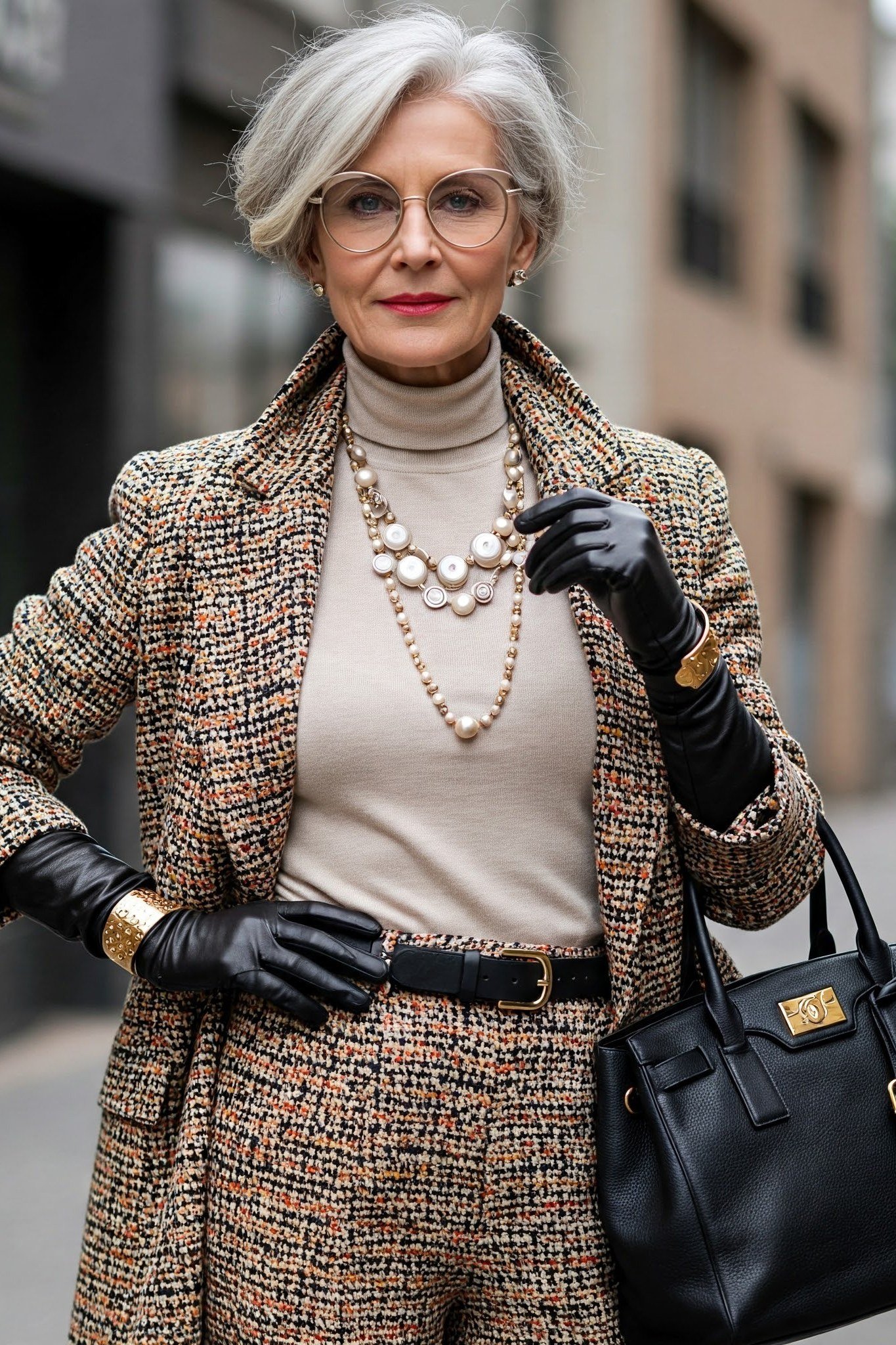 winter date night outfit for women over 60: tweed blazer and trouser set with pearls, black gloves and handbag