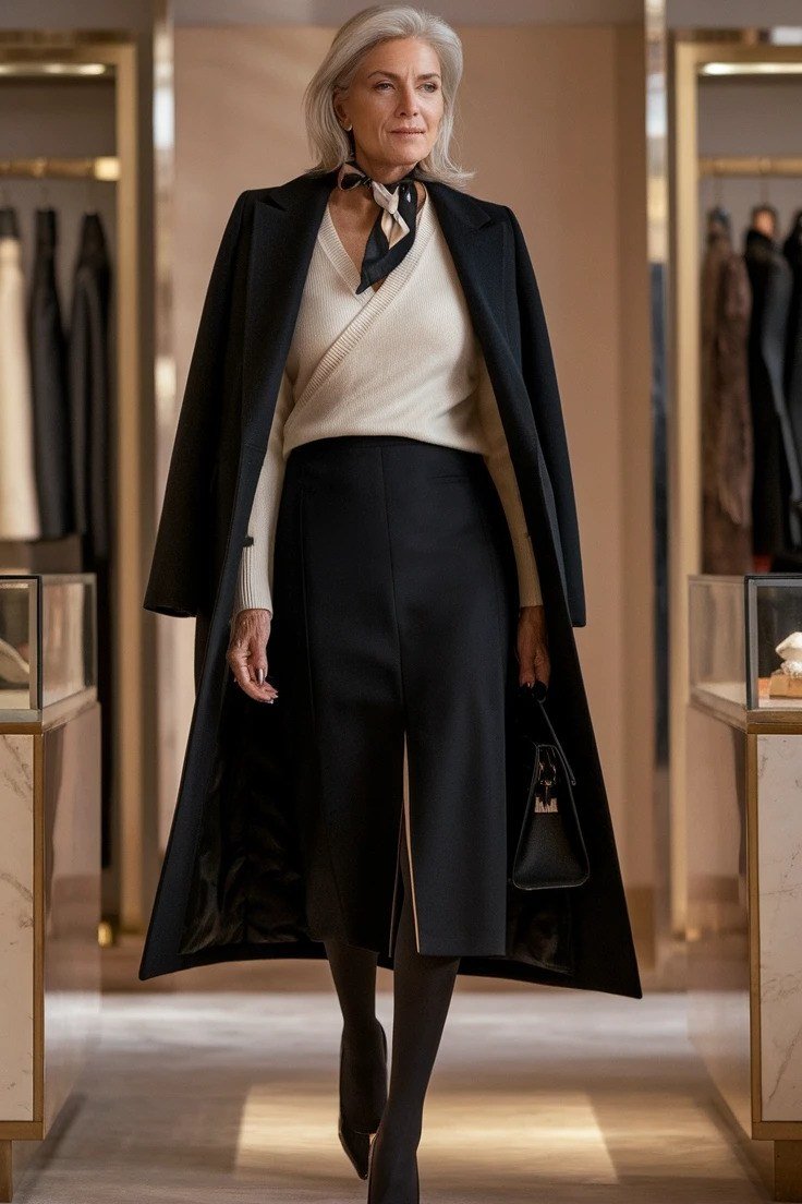winter date night outfit for women over 60: black long coat with white shirt, black skirt, heels and scarf at night