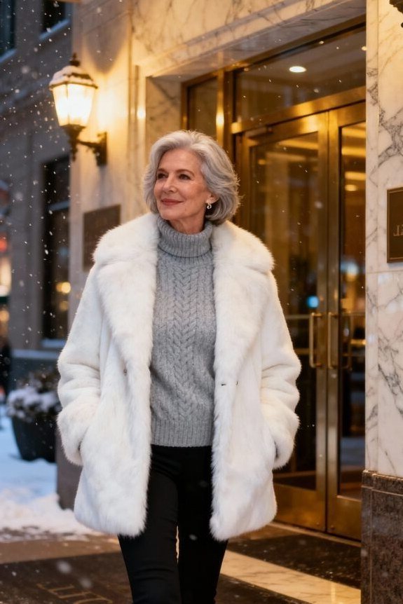 winter date night outfit for women over 60: white fur coat over grey knit at a snowy evening entrance