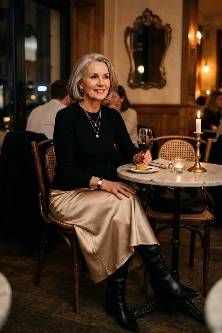 winter date night outfit for women over 60: black top with champagne satin midi skirt and tall black boots in a cafe