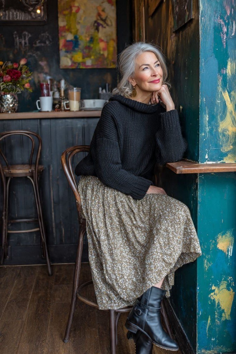 winter date night outfit for women over 60: black knit sweater with patterned maxi skirt and boots at a bar
