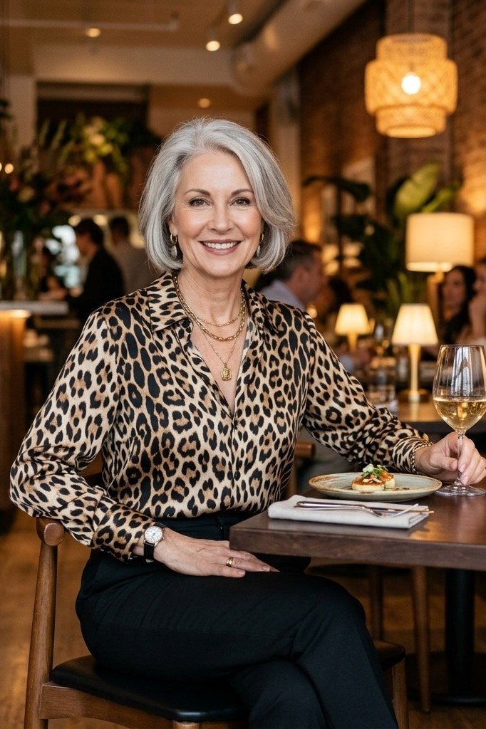 winter date night outfit for women over 60: leopard print blouse tucked into black trousers at a restaurant dinner