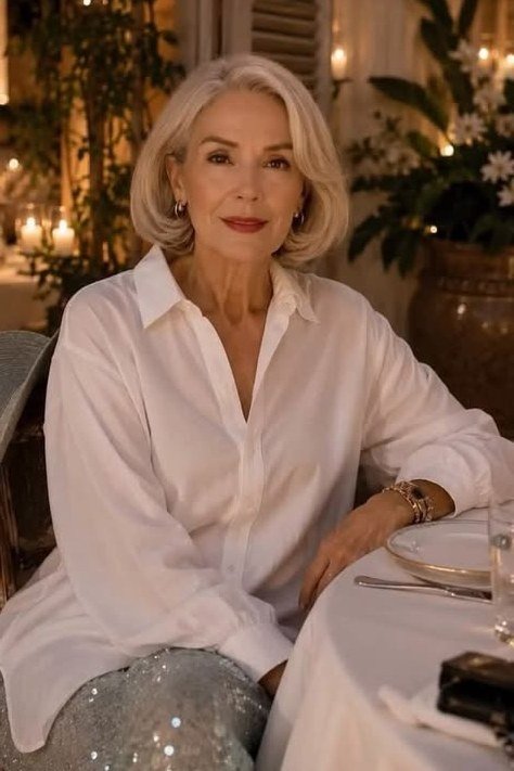 winter date night outfit for women over 60: white blouse with sparkling sequin skirt seated at a dinner table