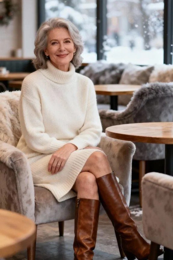 winter date night outfit for women over 60: white knit dress with cognac tall boots in a cozy lounge
