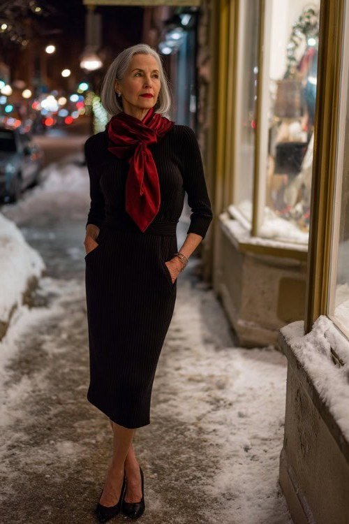 winter date night outfit for women over 60: black knit dress with red scarf on a night street