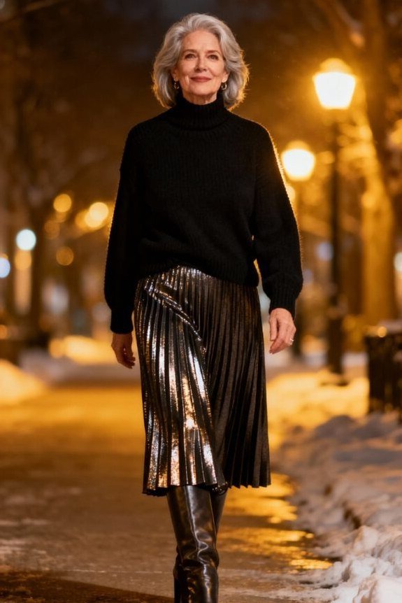 winter date night outfit for women over 60: black turtleneck with pleated metallic skirt and boots on a night street