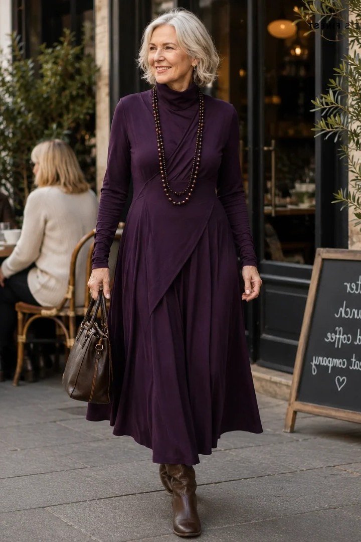 winter date night outfit for women over 60: plum long sleeve dress with statement necklace in a cafe