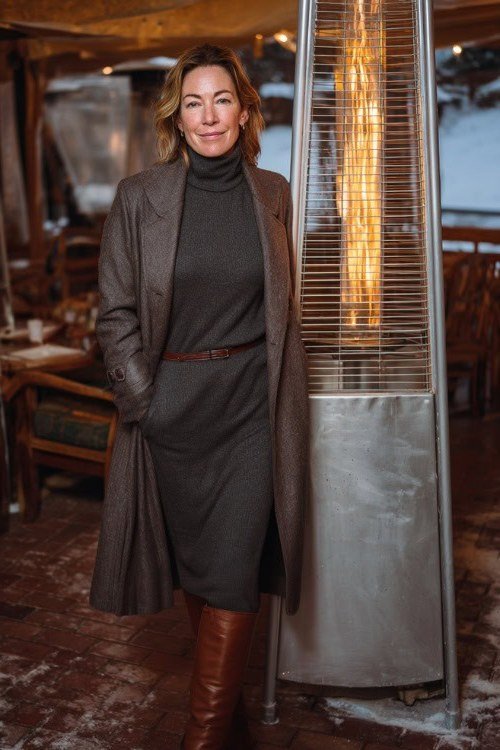 winter date night outfit for women over 60: grey turtleneck dress with long coat and tall boots at night