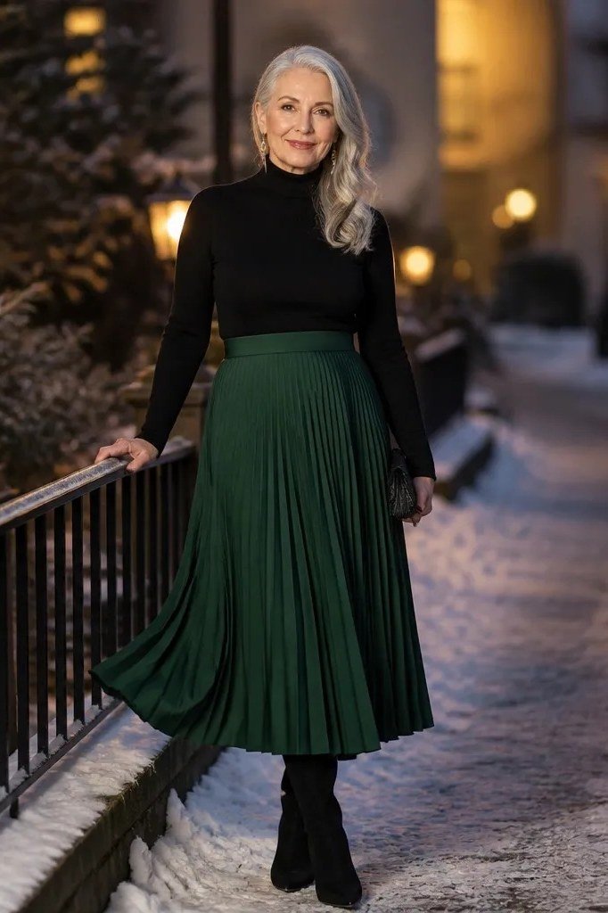 winter date night outfit for women over 60: black top with green pleated midi skirt on a snowy street