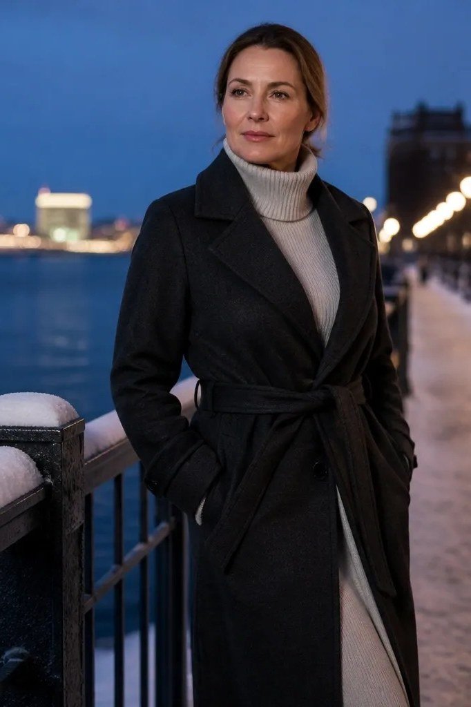 winter date night outfit for women over 60: black belted coat over a taupe knit dress on a night pier