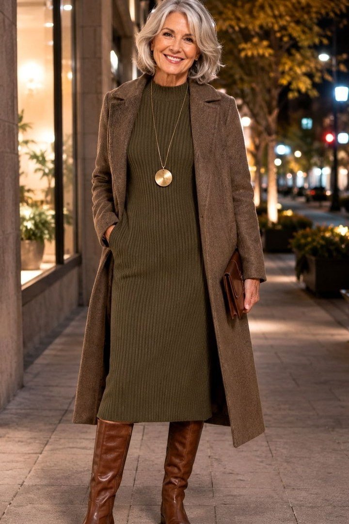 winter date night outfit for women over 60: olive coat over a green dress with boots
