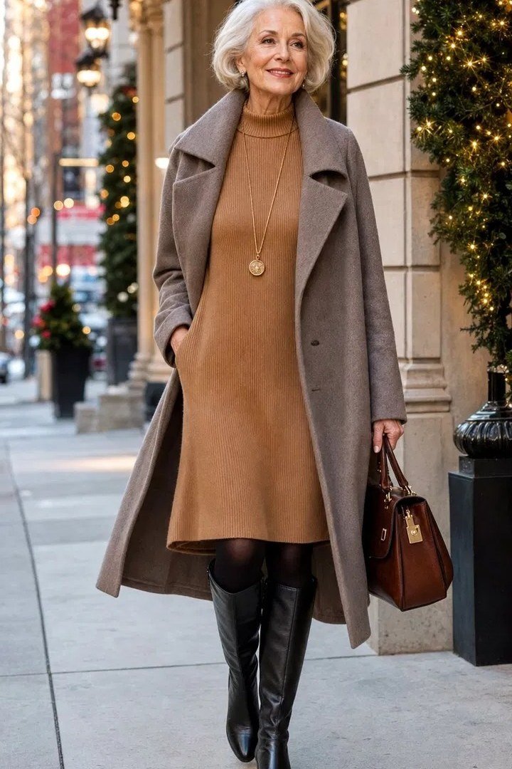 winter date night outfit for women over 60: camel coat with a tan dress and boots