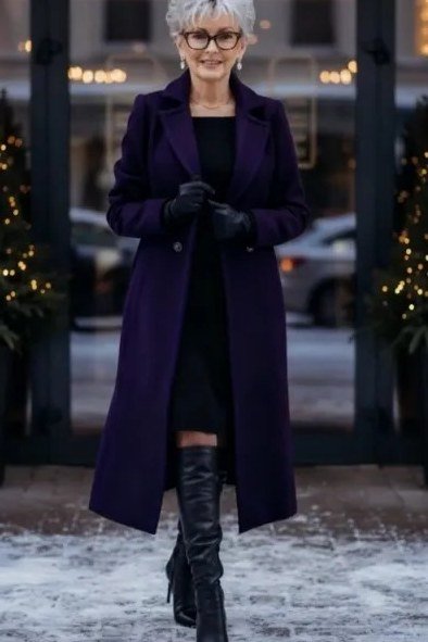 winter date night outfit for women over 60: purple coat with a black dress and tall boots