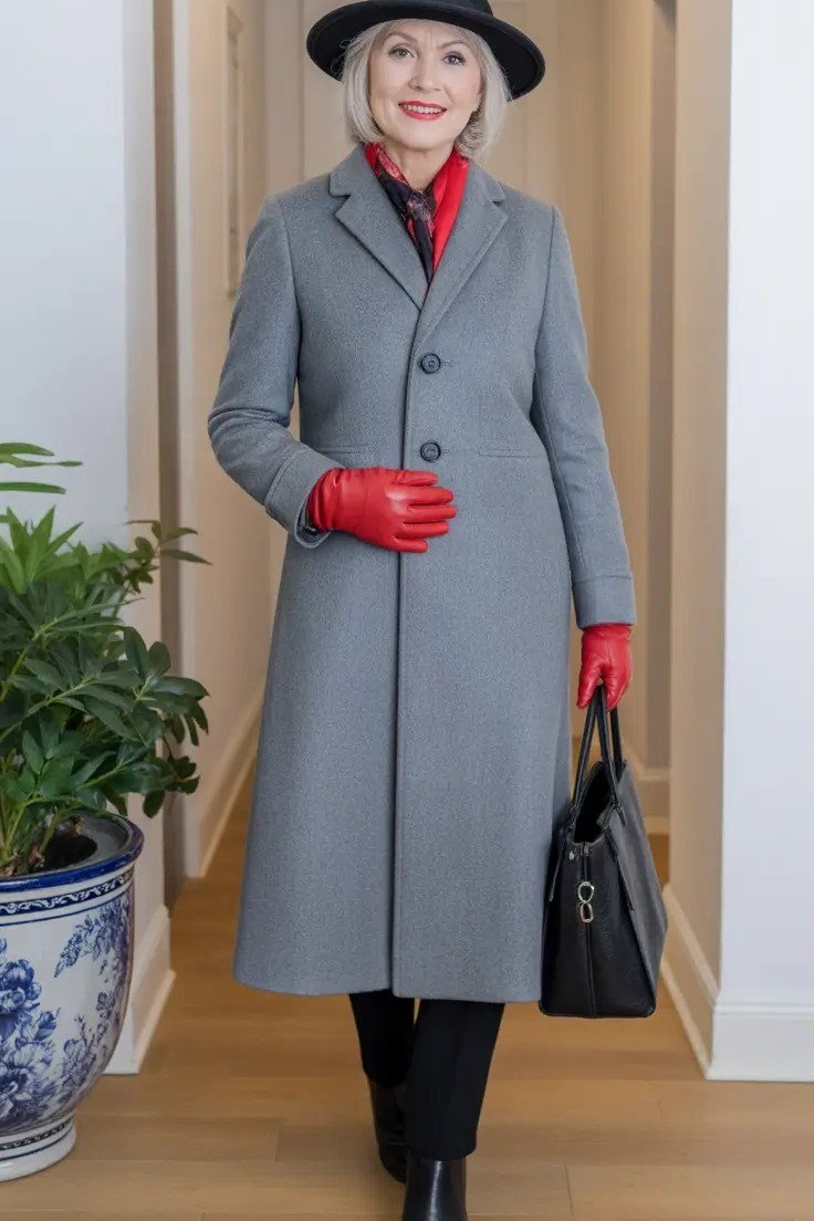 winter date night outfit for women over 60: grey coat with red gloves and a hat indoors
