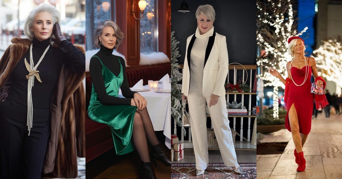 Collage of winter date night outfits for women over 60: elegant coats, glowing dresses, and cozy-chic looks
