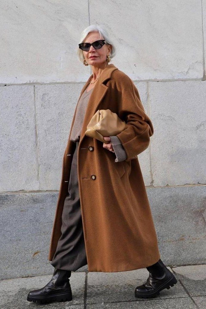 Camel Wrap Coat with Dark Trousers on older woman, cozy winter outfit for women over 60