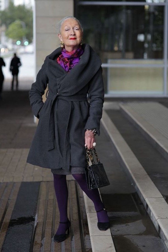 Charcoal Wrap Coat with Purple Scarf on older woman, cozy winter outfit for women over 60