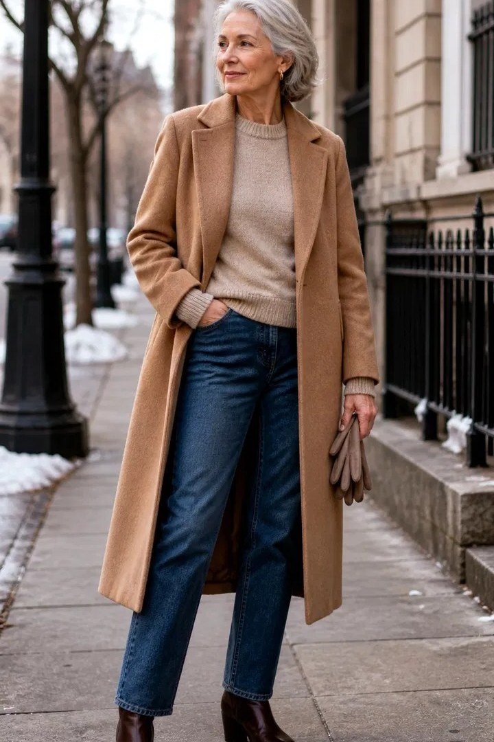 Camel Coat with Blue Jeans and Brown Boots on older woman, cozy winter outfit for women over 60