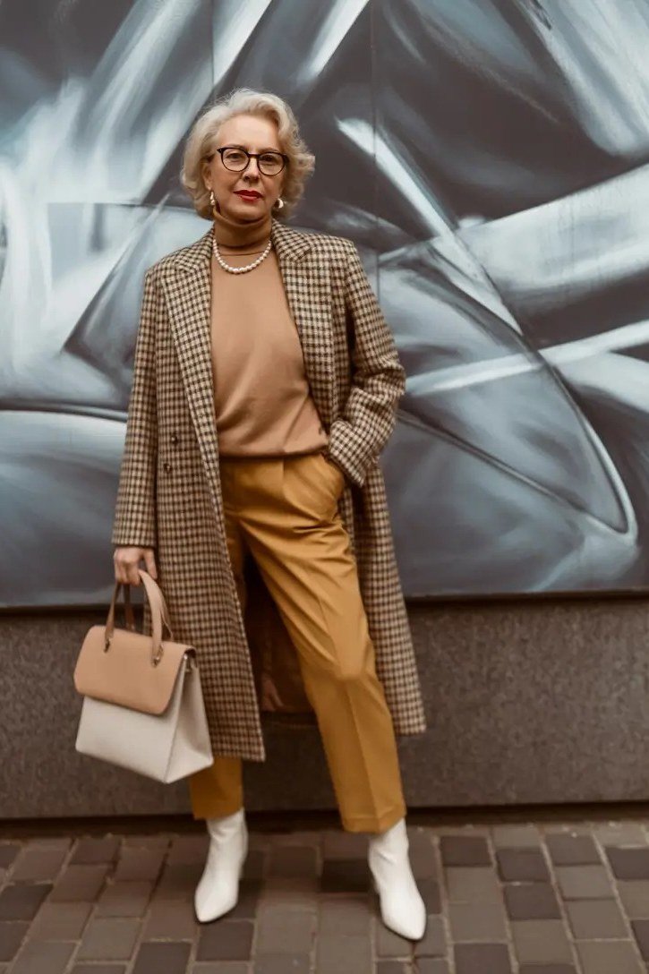 Houndstooth Coat with Camel Turtleneck on older woman, cozy winter outfit for women over 60