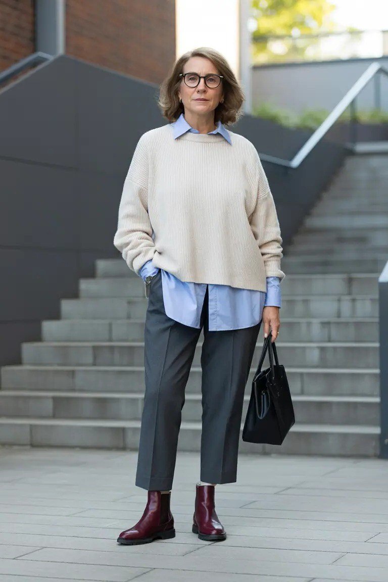 Cream Sweater Layered Over a Blue Shirt on older woman, cozy winter outfit for women over 60